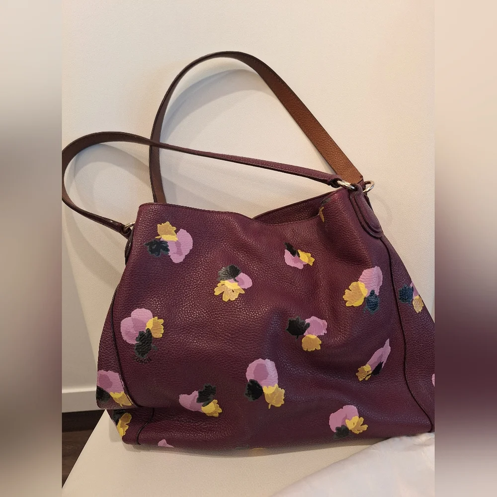 EUC Coach Plum Floral Edie Pebbled Leather Bag w/ Dust Bag (Gold Key Chain) - Picture 2 of 6